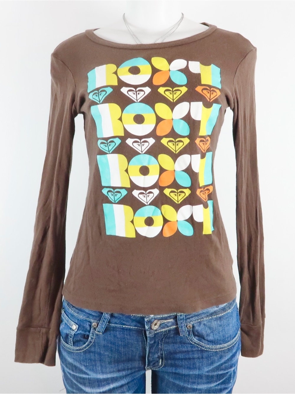 vintage roxy y2k brown long sleeve graphic tee 2000s surf skate top xl